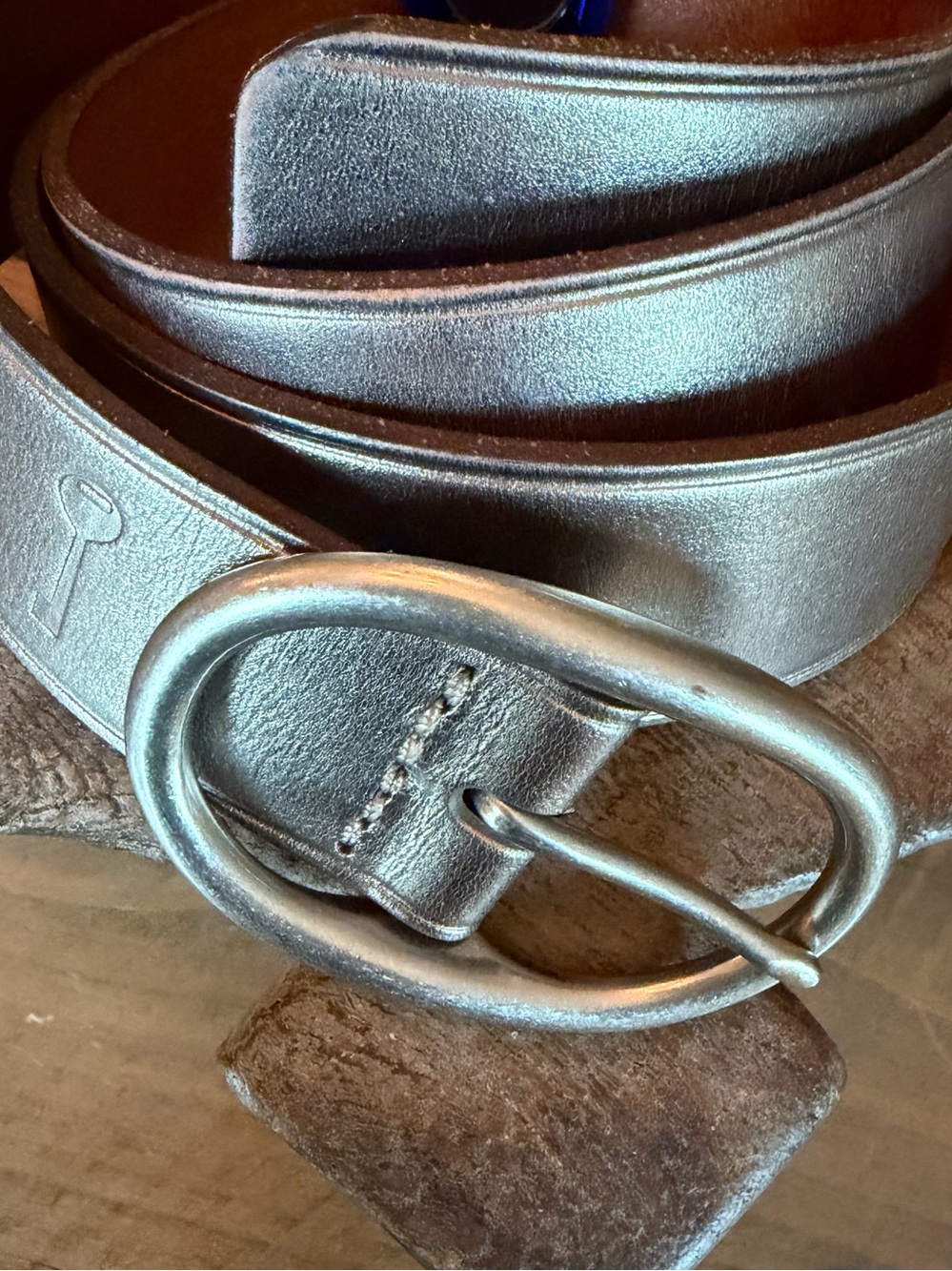 Fossil Silvery Tone Leather Belt Size Medium